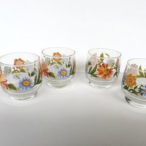 Set of Four Vintage Clear Floral Tumblers Glasses Orange, Blue, Yellow